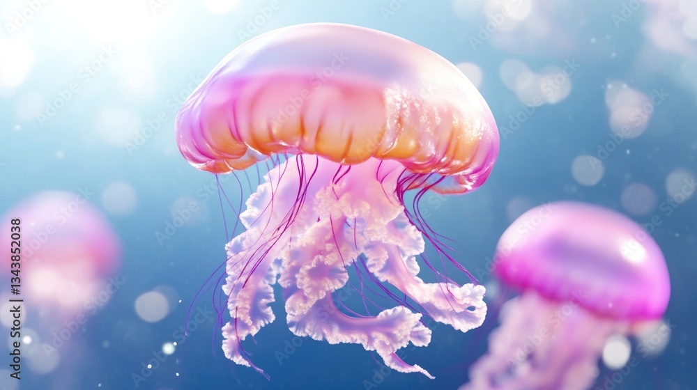 Pink jellyfish, soft focus, underwater Pink jellyfish, soft focus, underwater