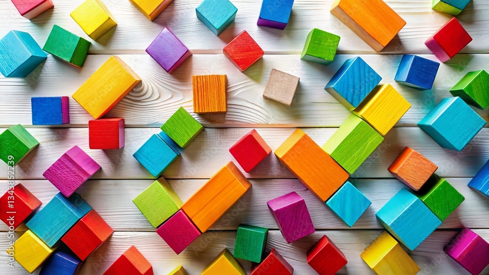 Obraz premium Colorful Wooden Blocks Folded Top View on White Wooden Background - Abstract Geometric Pattern