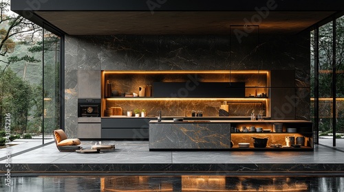 Modern kitchen interior with sleek design, ambient lighting, and outdoor view