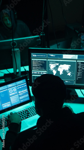Internet fraud, darknet, data thiefs, cybergrime concept. Hacker attack on government server. Dangerous criminals coding virus programs.