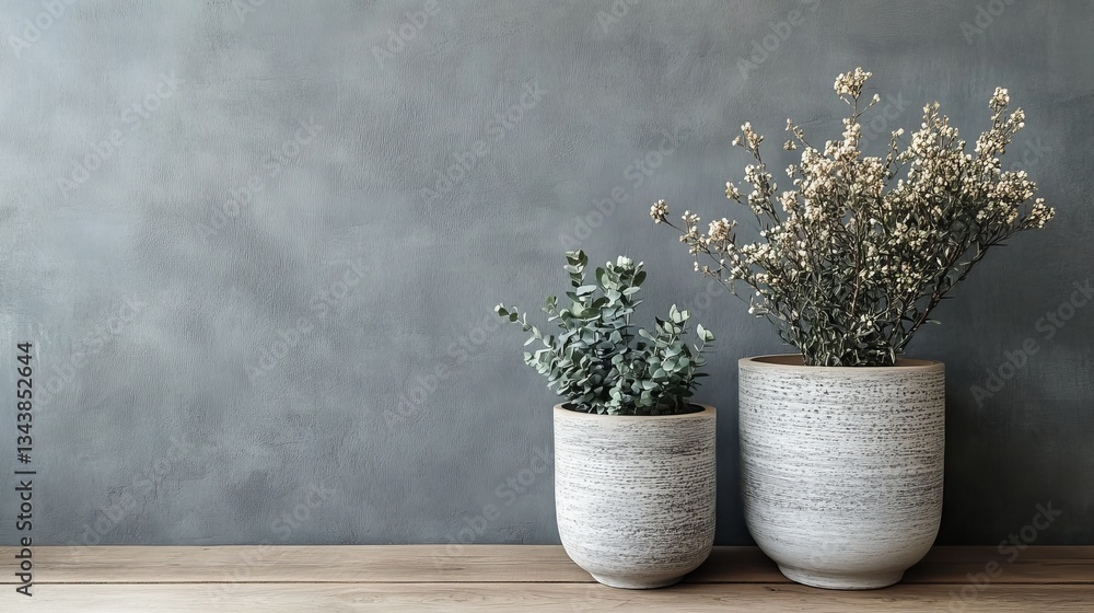 Fototapeta premium A gray wall and wooden floor, with a plant pot. 