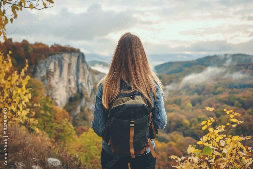 Naklejka premium The woman with a backpack on her back ventures into nature and climbs mountains