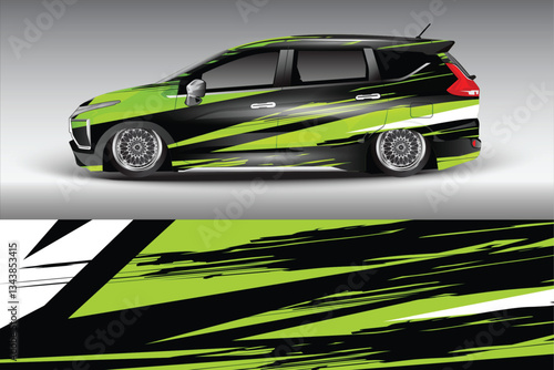 Stylish green and black modified car with dynamic graphics showcased against a gradient backdrop