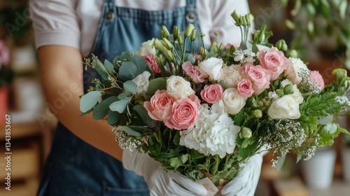 Wallpaper Mural Close-up of a florist arranging a bouquet, creating beautiful floral compositions for home decor and sale Torontodigital.ca