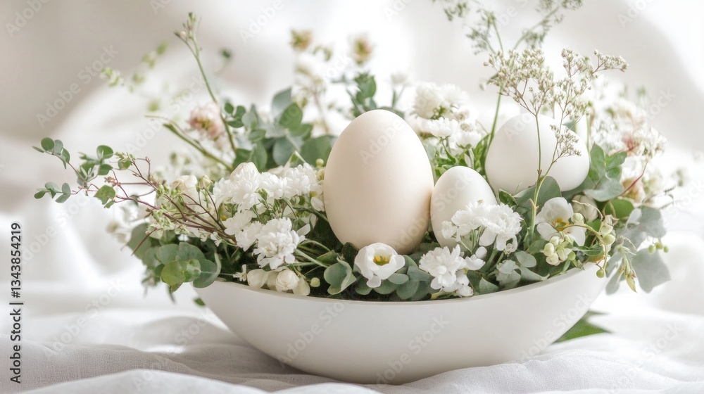 Elegant White Eggs Surrounded by Fresh Flowers in Soft Setting Elegant White Eggs Surrounded by Fresh Flowers in Soft Setting