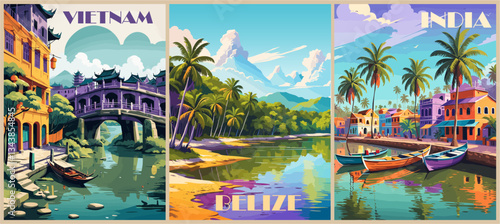 Set of Travel destination posters in retro style. Vietnam, Belize, India landscape vector colorful illustrations