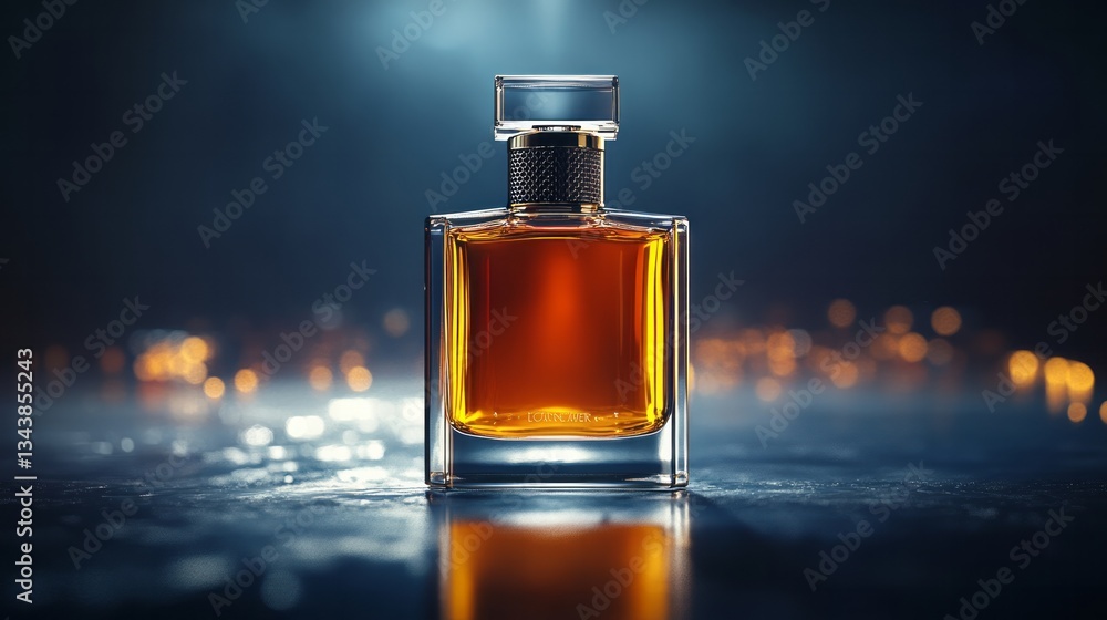 A glass bottle of amber liquid sits on a surface A glass bottle of amber liquid sits on a surface