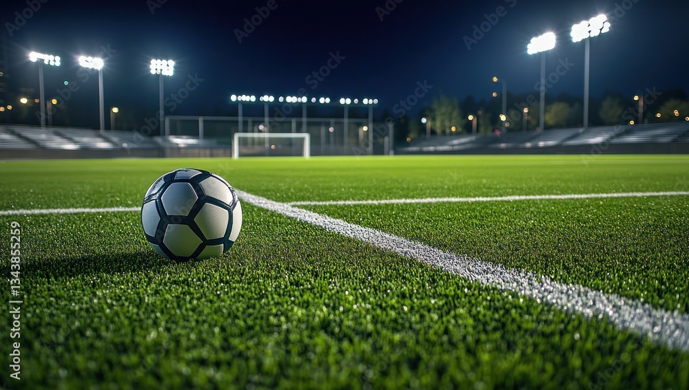 Fototapeta premium Night Football: Soccer Ball on an Empty Field