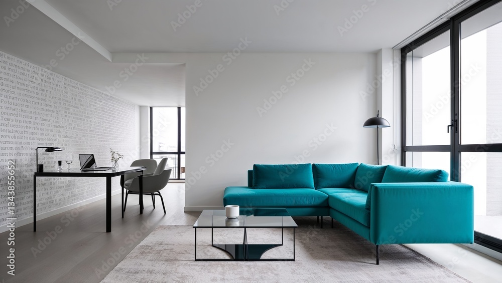 Fototapeta premium A minimalist living room showcasing teal furniture and simplicity.