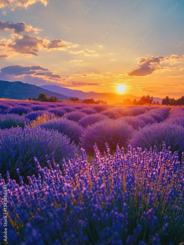 Naklejka premium Purple Flowers and Sunset Landscape