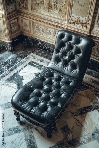 Black Leather Chaise Lounger on Marble Floor