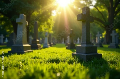 Cemetery with monuments in daylight with green grass