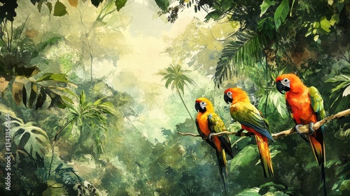 A jungle scene wallpaper with tropical birds.  It's a watercolor painting of a forest.
