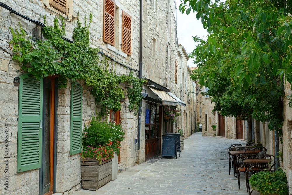 Fototapeta premium Historic European Street: A cobblestone street lined with old, colorful buildings 