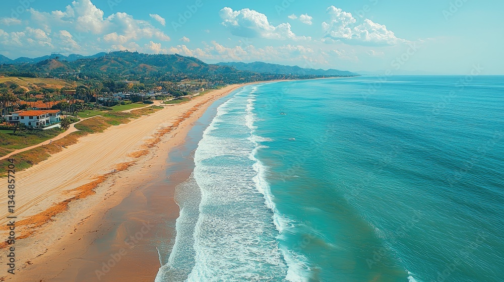 Aerial view of a serene beach with gentle waves and distant mountains under a bright sky Aerial view of a serene beach with gentle waves and distant mountains under a bright sky