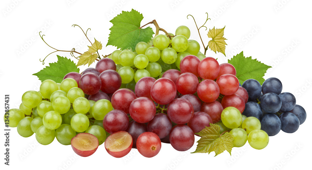 Obraz premium Red Green Purple Grapes with Leaves on Transparent Background
