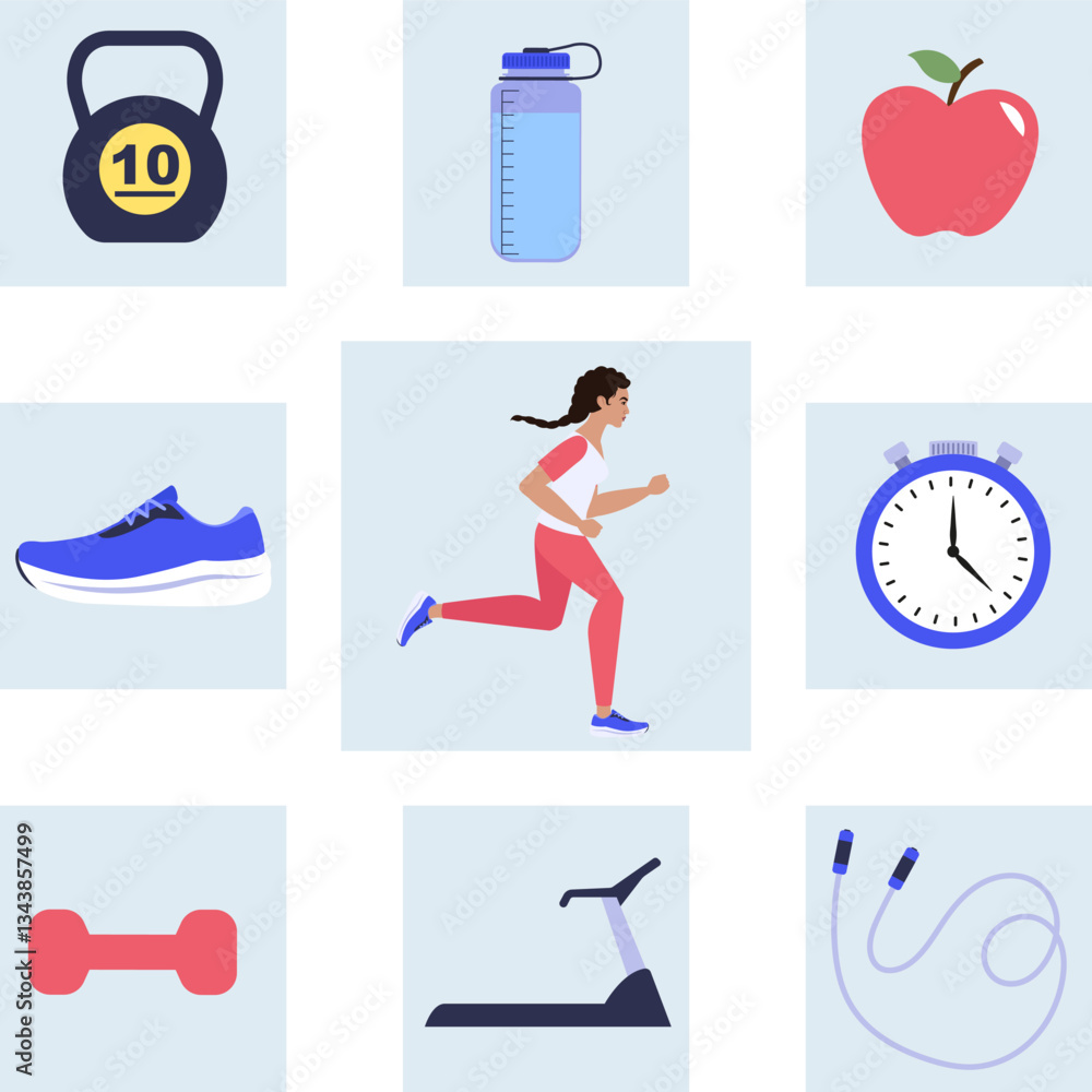 Fototapeta premium Woman running and fitness icons promoting healthy lifestyle