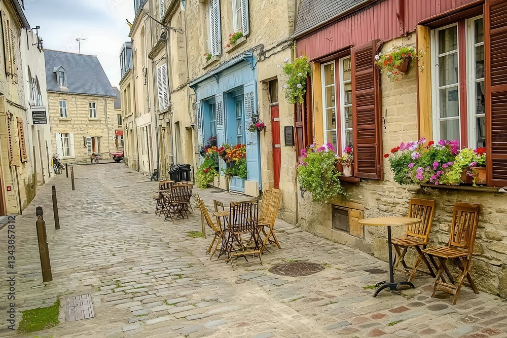 Fototapeta premium Historic European Street: A cobblestone street lined with old, colorful buildings 