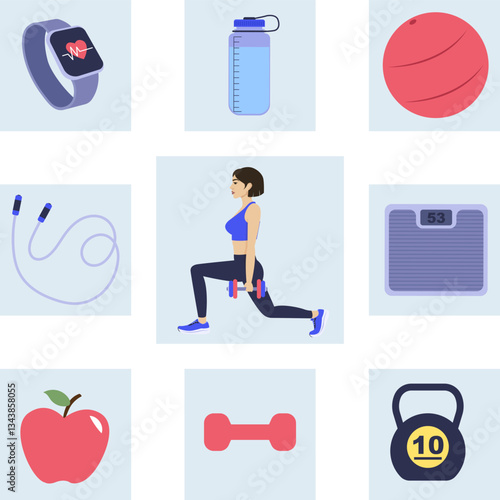 Woman doing lunges with dumbbells and fitness icons representing healthy lifestyle