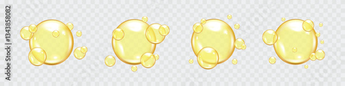 Set of golden, yellow vitamins oil drops, skincare cream or gel collagen bubbles. Realistic bubbles vector illustration on transparent background	