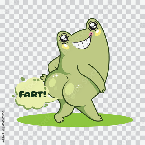 Cartoon cute frog farting vector illustration on transparent background.