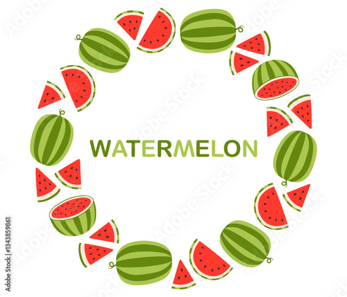 Watermelon circle frame. Ripe fruit pieces, halved and triangular slices, whole watermelon. Collection of organic vitamins and healthy nutrition. Flat Vector illustration on white background