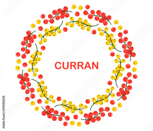 Red and yellow сurran circle frame. Round fresh summer juicy berry border. Flat Vector illustration on white background