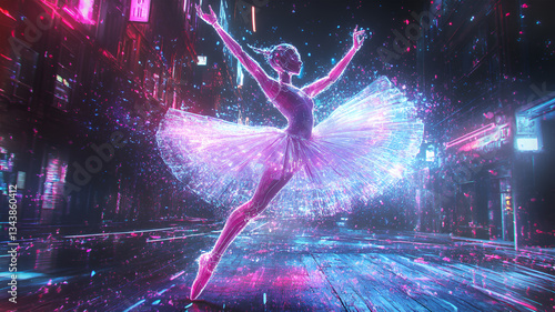 Futuristic Humanoid Robot Performing Ballet Under Neon Lights