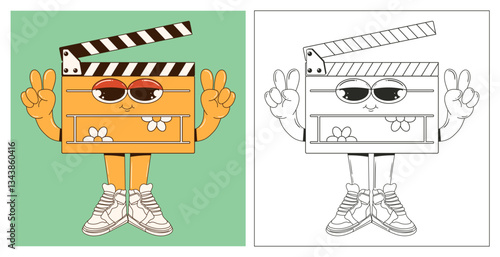 Children's coloring page of a clapperboard character with eyes, arms, and legs in groovy style. Illustration for Cinema Day, for movie theaters, film and TV show shoots. Linear clapperboard