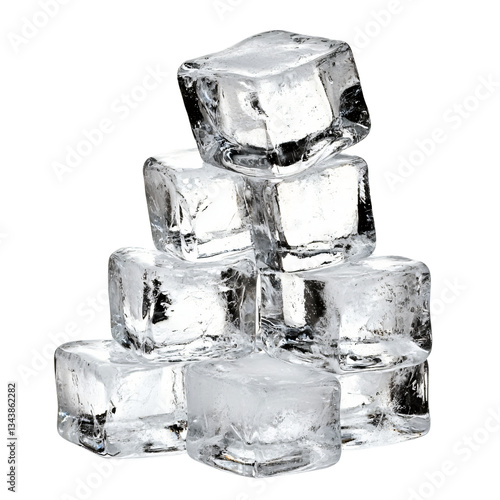 Clear ice cubes stack isolated on a transparent background