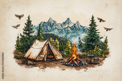 AI Generated artwork for an outdoor adventure podcast features a campsite with a tent, campfire, and various camping gear, all set amidst a rustic wilderness