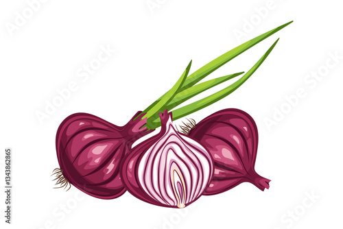 Red onion. Whole onion with stems, half onion. Vector illustration isolated on white background.