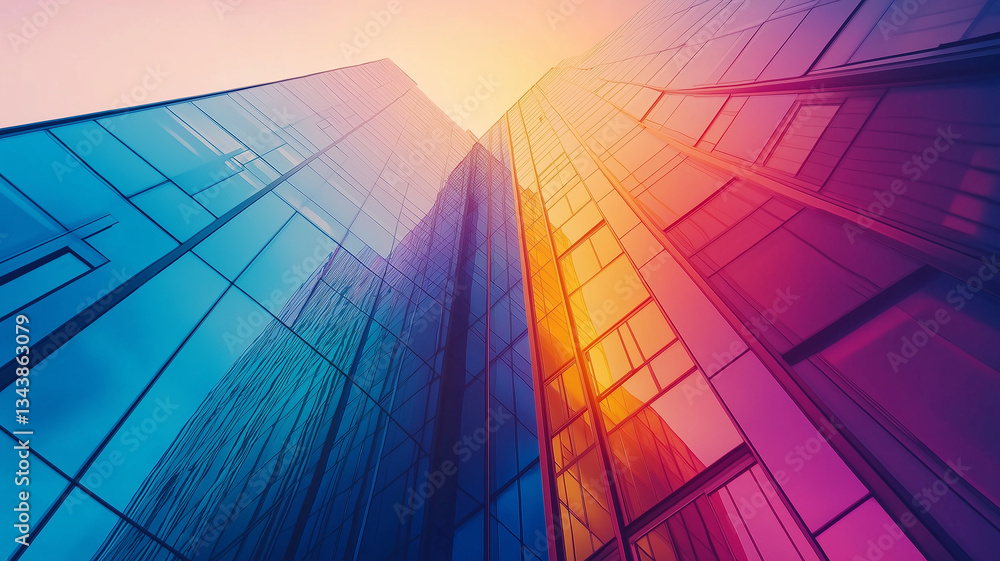 Fototapeta premium Modern skyscrapers reflect vibrant colors in stunning architectural display, showcasing beauty of glass and steel against colorful sky. image evokes sense of awe and inspiration