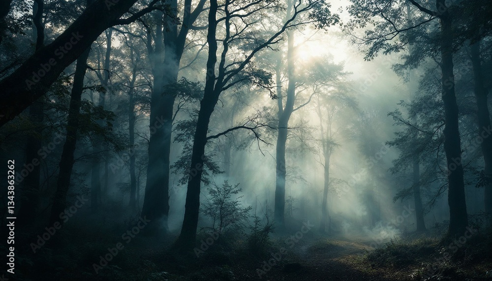 Misty Forest Path with Sunlight Shining Through Foggy Trees Misty Forest Path with Sunlight Shining Through Foggy Trees