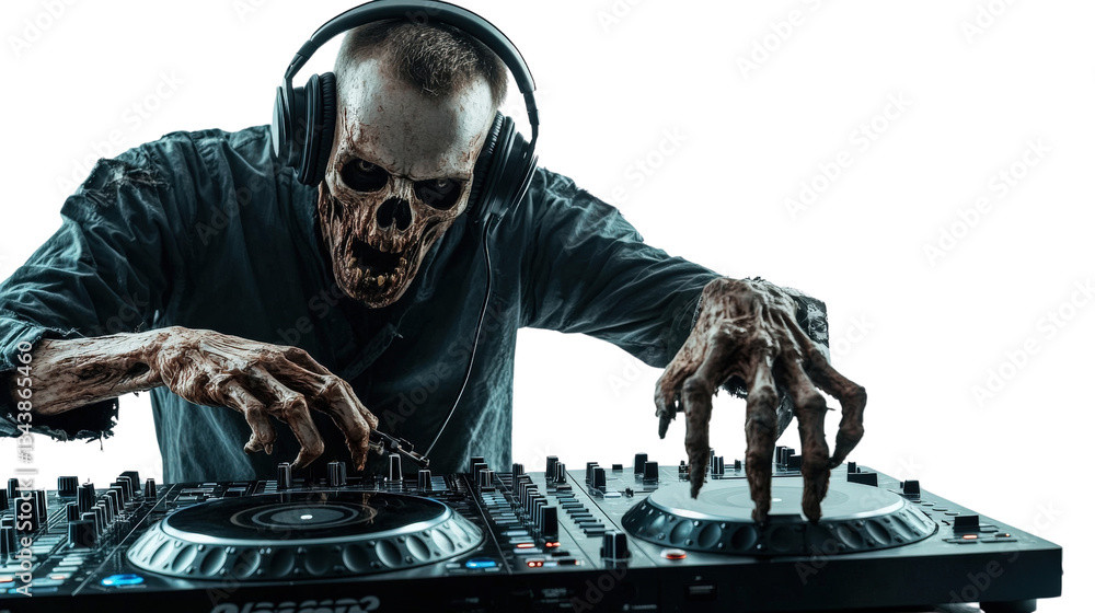 Undead DJ in Action: A skeletal DJ, headphones on and spectral fingers expertly manipulating the mixing console. This image blends the elements of music and the macabre