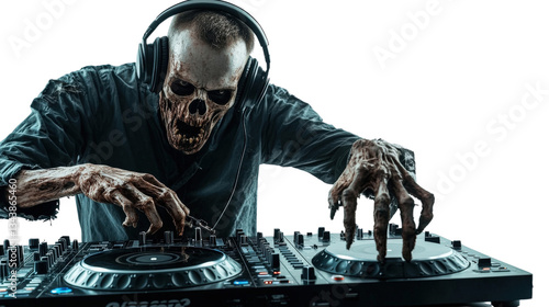 Undead DJ in Action: A skeletal DJ, headphones on and spectral fingers expertly manipulating the mixing console. This image blends the elements of music and the macabre