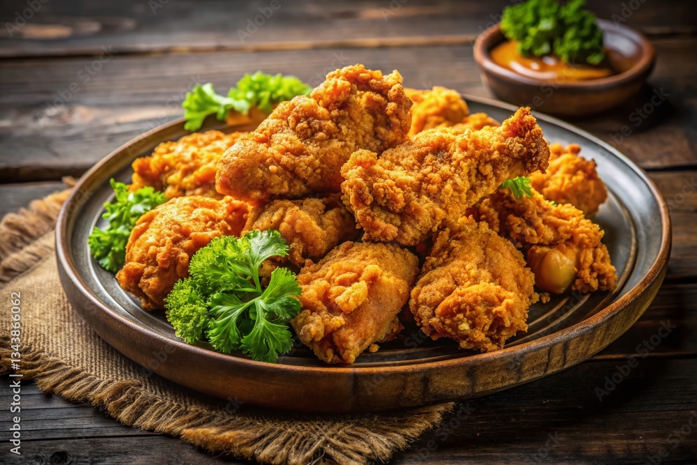 Crispy Golden Fried Chicken on Rustic Plate with Placemat - Stock Photo Crispy Golden Fried Chicken on Rustic Plate with Placemat - Stock Photo