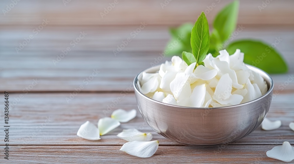 Fresh white flower petals in a bowl Fresh white flower petals in a bowl