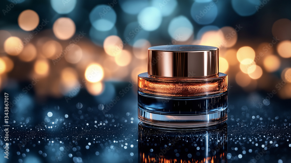 Luxurious skincare cream in glass jar, reflecting soft bokeh lights, showcasing elegance and beauty. shimmering surface adds touch of glamour, perfect for industry advertisement Luxurious skincare cream in glass jar, reflecting soft bokeh lights, showcasing elegance and beauty. shimmering surface adds touch of glamour, perfect for industry advertisement