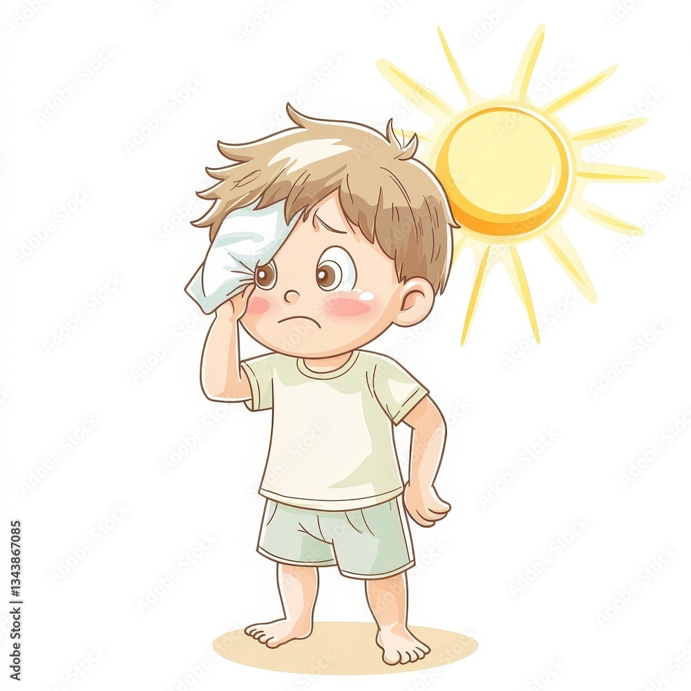 Young Boy Wiping Sweat in Summer Heat Illustration Young Boy Wiping Sweat in Summer Heat Illustration