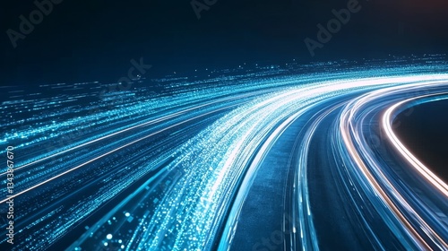 Ai generative technology is used to convey the concept of digitization and data transfer speed on an abstract road with blue light trails