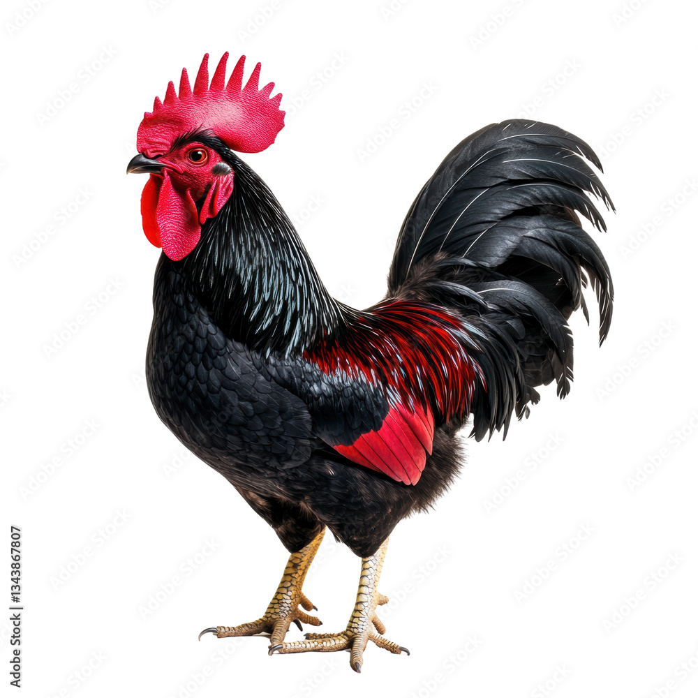 Fototapeta premium Striking Black and Red Rooster Portrait on a white background.