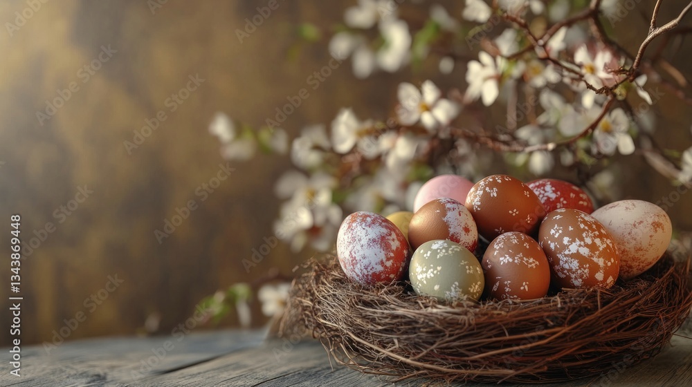 Easter Eggs in Nest Surrounded by Blossoming Branch Decor Easter Eggs in Nest Surrounded by Blossoming Branch Decor