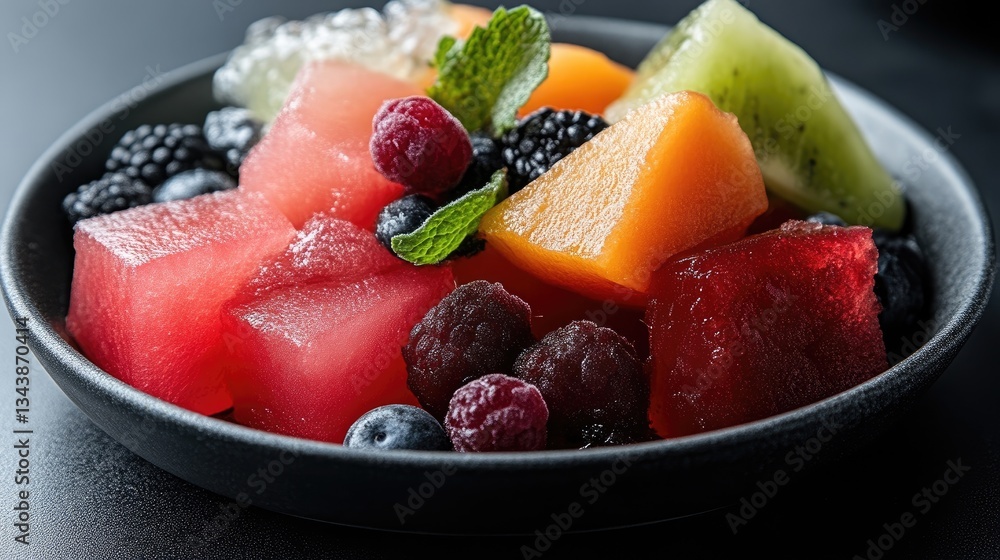 Vibrant fruit and berry medley. Colorful cubed fruit salad, featuring watermelon, cantaloupe, kiwi, and mixed berries, presented on a dark plate. Fresh and inviting Vibrant fruit and berry medley. Colorful cubed fruit salad, featuring watermelon, cantaloupe, kiwi, and mixed berries, presented on a dark plate. Fresh and inviting