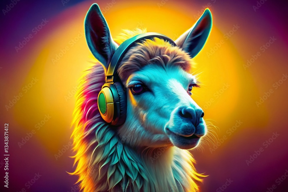 Fototapeta premium Cute Llama in Headphones, Yellow Background, Low Light Photography - Stock Photo