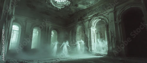 A haunting image of a grand, decaying ballroom, where faint, ghostly figures dance amidst the shadows, their ethereal forms barely illuminated by the dim, dusty light