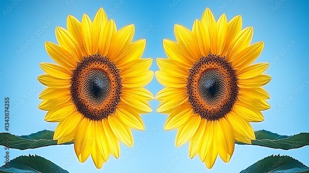 Obraz premium Two vibrant sunflowers against a bright clear blue sky background