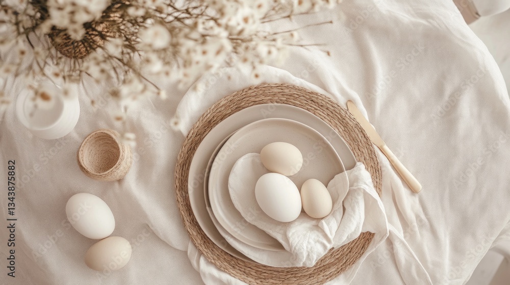 Elegant Minimalist Table Setting with Natural Elements and Eggs Elegant Minimalist Table Setting with Natural Elements and Eggs