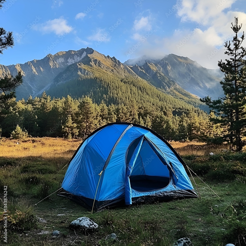 A blue camping tent set up in a scenic mountain landscape, surrounded by lush greenery and towering peaks, creating a peaceful and adventurous outdoor experience A blue camping tent set up in a scenic mountain landscape, surrounded by lush greenery and towering peaks, creating a peaceful and adventurous outdoor experience