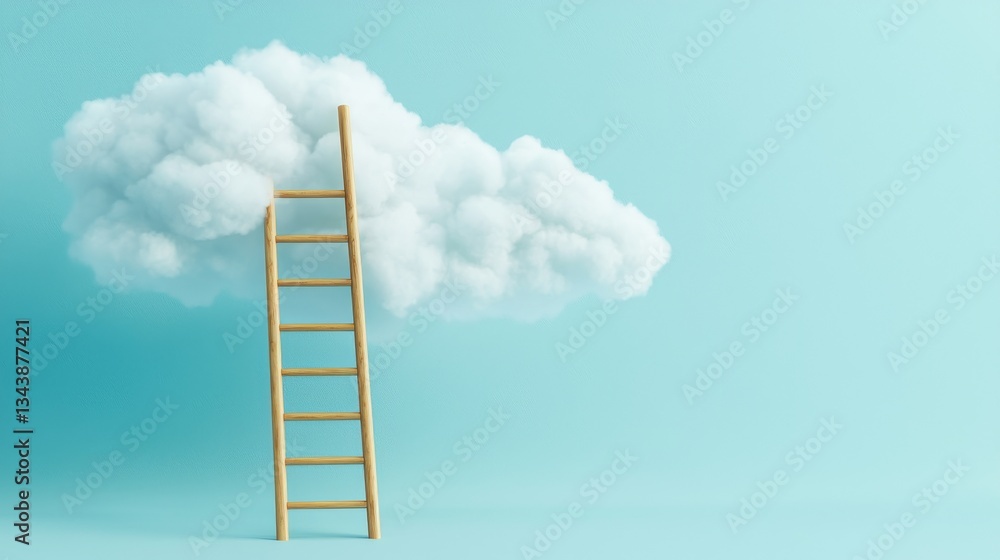 In a serene blue sky, a dreamlike ladder ascends to a downy cloud, embodying the concepts of aspiration and fantasy In a serene blue sky, a dreamlike ladder ascends to a downy cloud, embodying the concepts of aspiration and fantasy